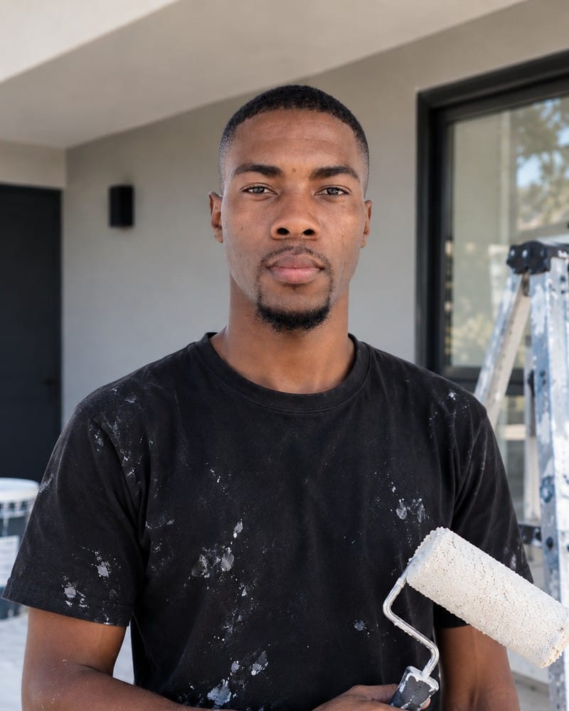 Elton Faduco, portrait on site, paint-splattered shirt, holding a roller