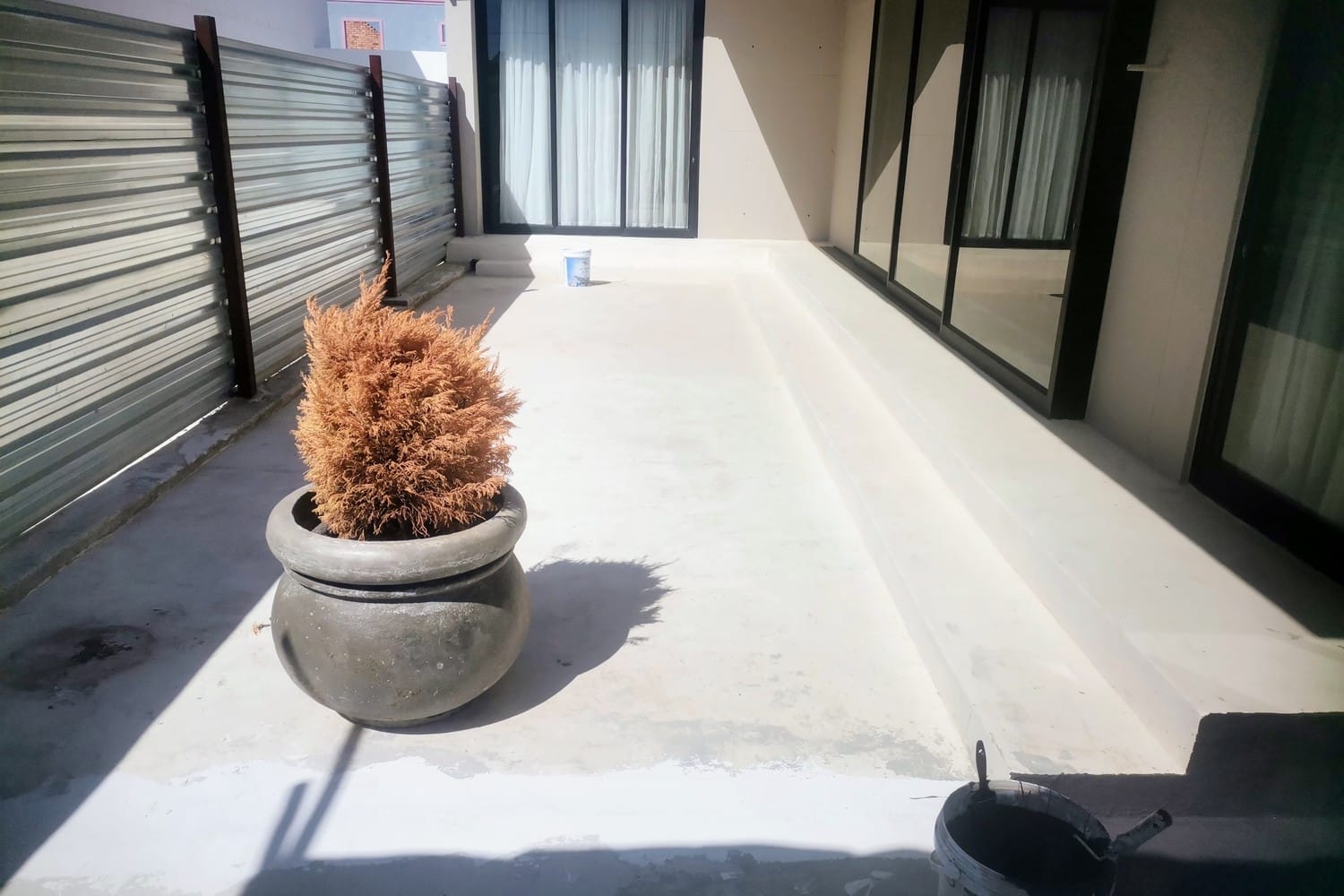 Bare concrete courtyard floor in Strand showing stains and marks beside a potted conifer